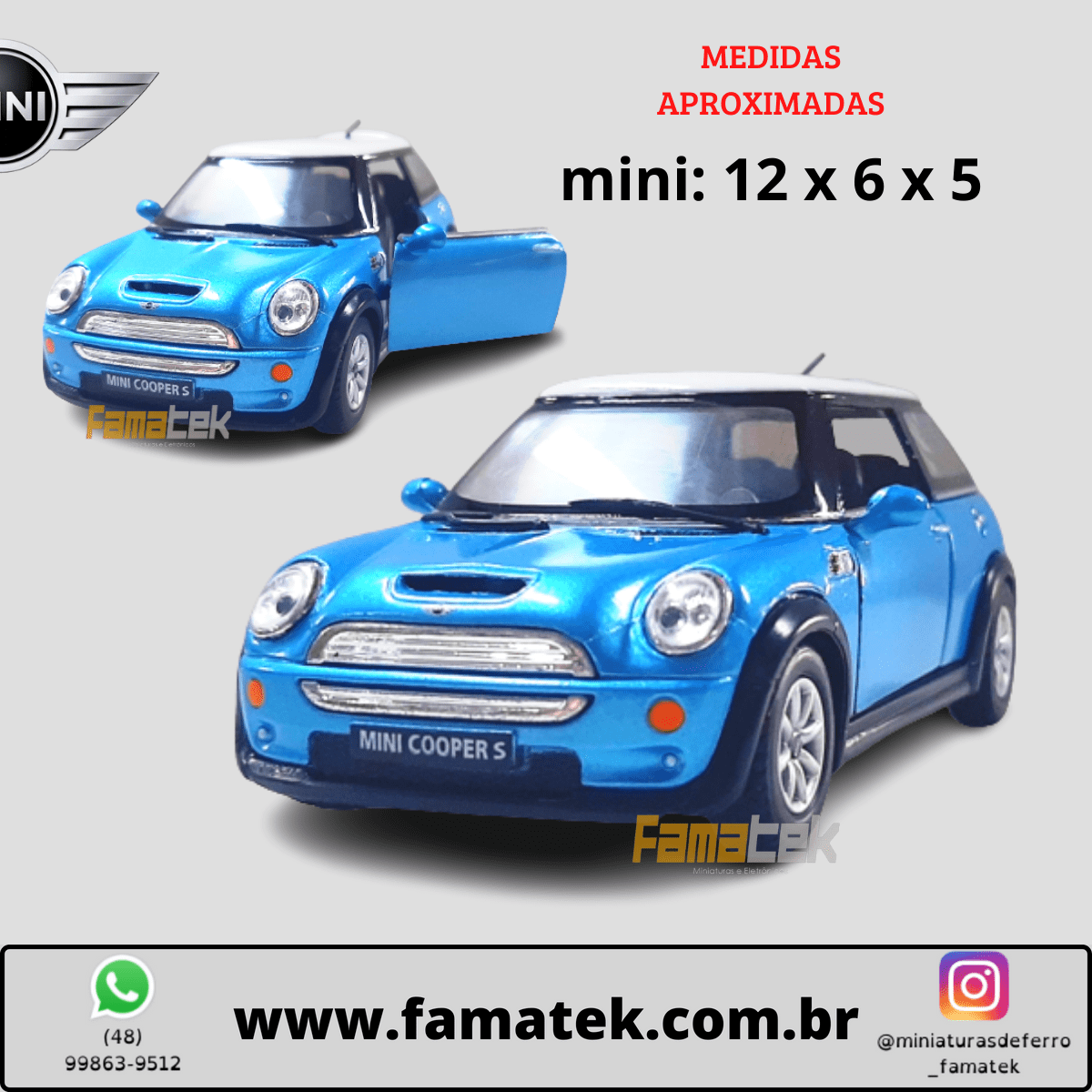  Miniatura de Ferro Mini Cooper S Azul Escala 1/28