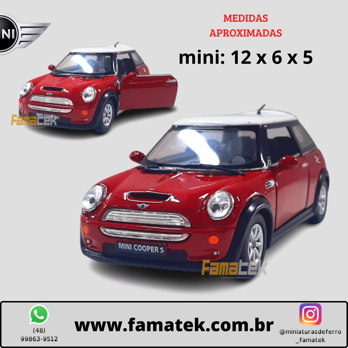  Miniatura de Ferro Mini Cooper S Vermelho Escala 1/28