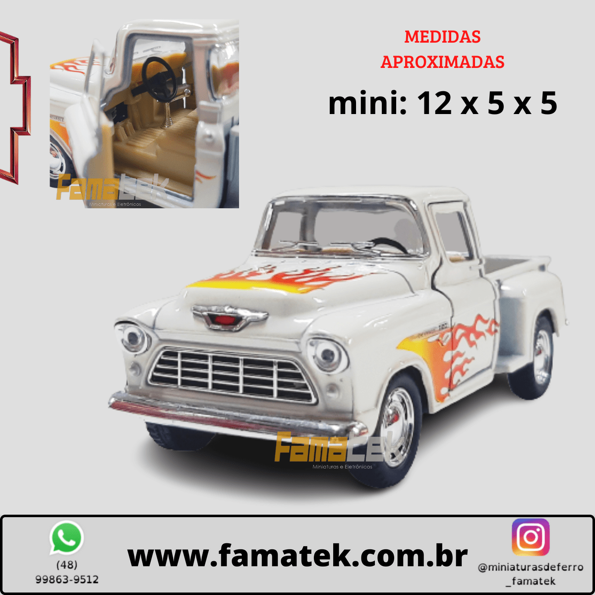 Miniatura 1/32 1955 Picape Chevy Bege Chamas - Camionete Pickup