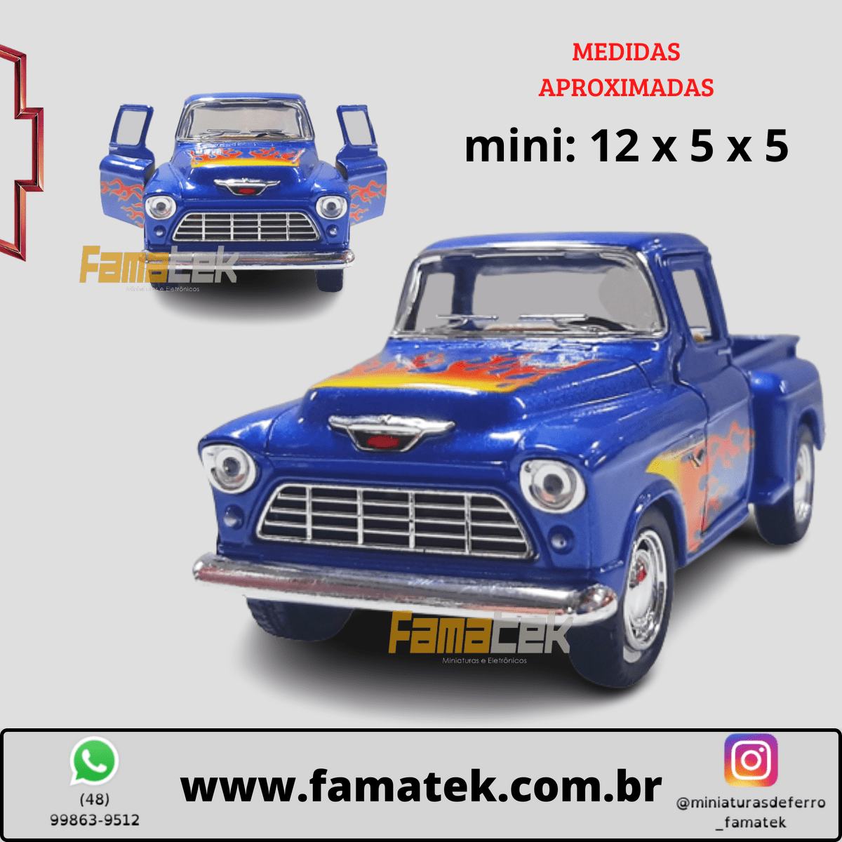 Miniatura 1/32 1955 Picape Chevy Azul Chamas - Camionete Pickup