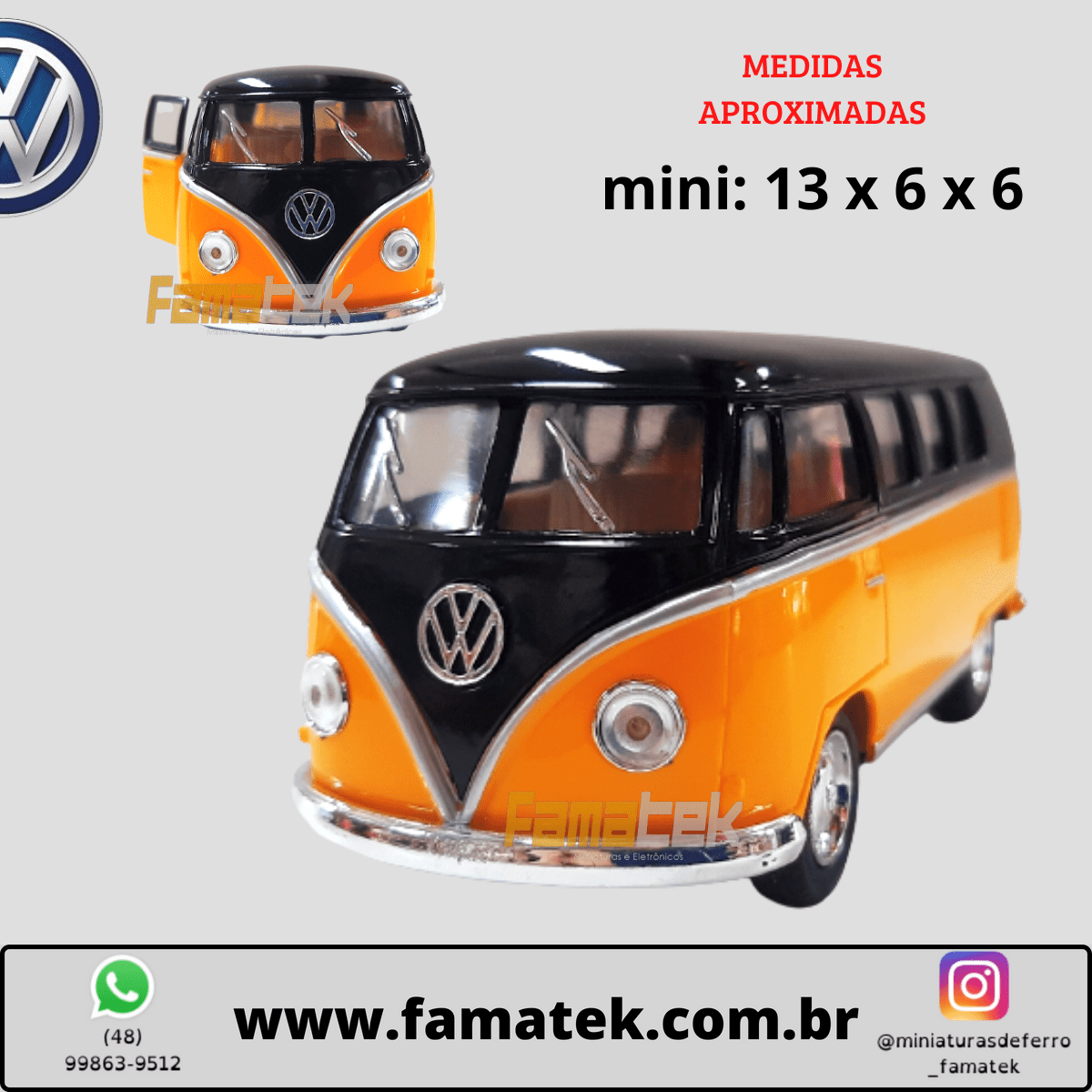 Miniatura de Ferro Volks 1962 Kombi Clássica Corujinha Amarelo com preto Escala 1/32