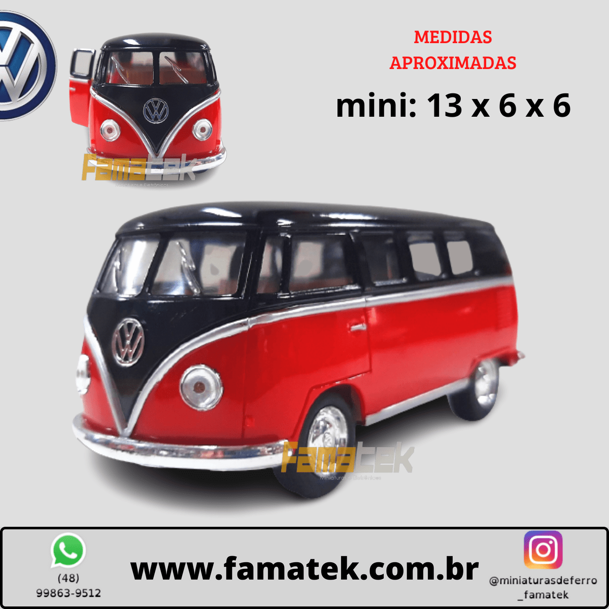 Miniatura de Ferro Volks 1962 Kombi Clássica Corujinha Vermelho com preto Escala 1/32