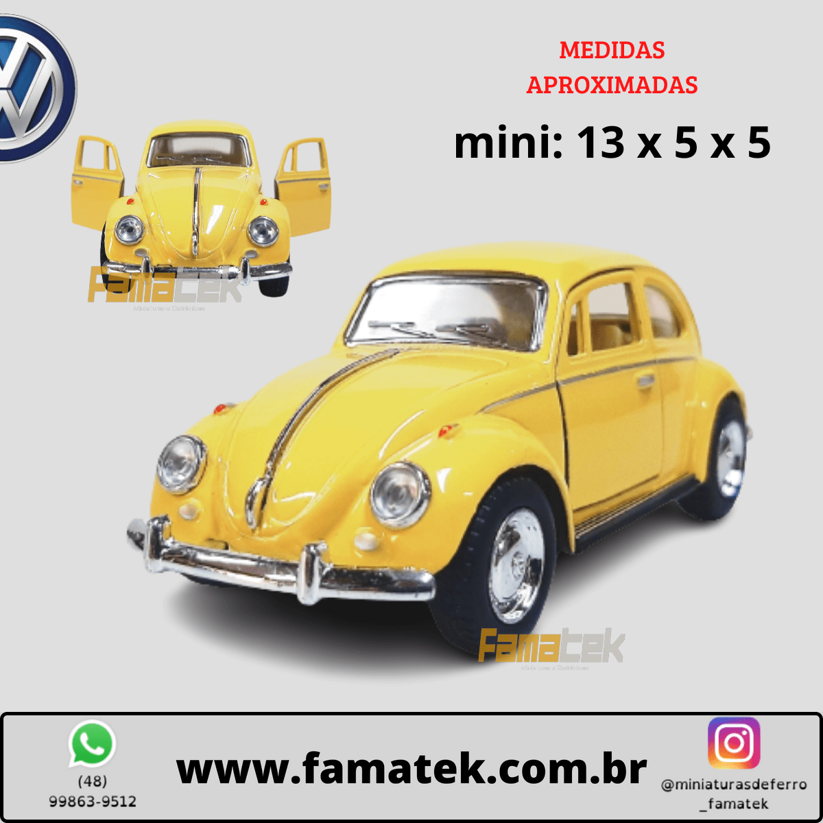  Miniatura de Ferro Volkswagen 1967 Fusca Beetle Clássico Amarelo 1/32