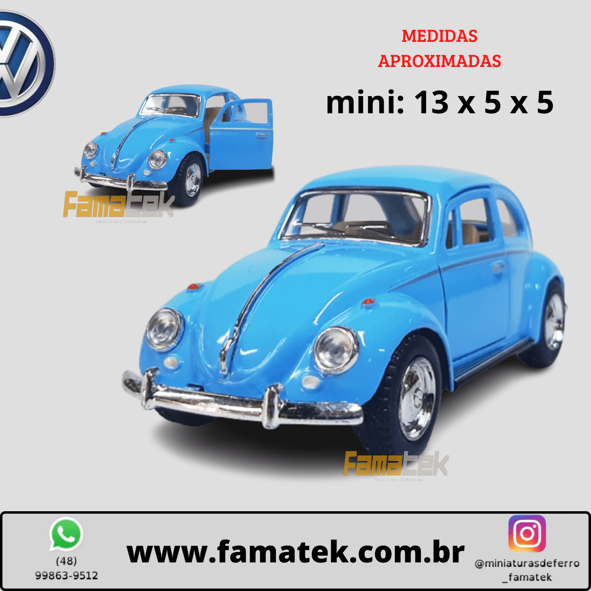  Miniatura de Ferro Volkswagen 1967 Fusca Beetle Clássico Azul 1/32