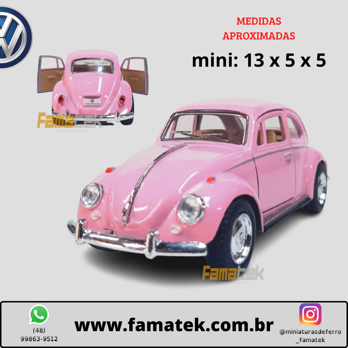  Miniatura de Ferro Volkswagen 1967 Fusca Beetle Clássico Rosa 1/32