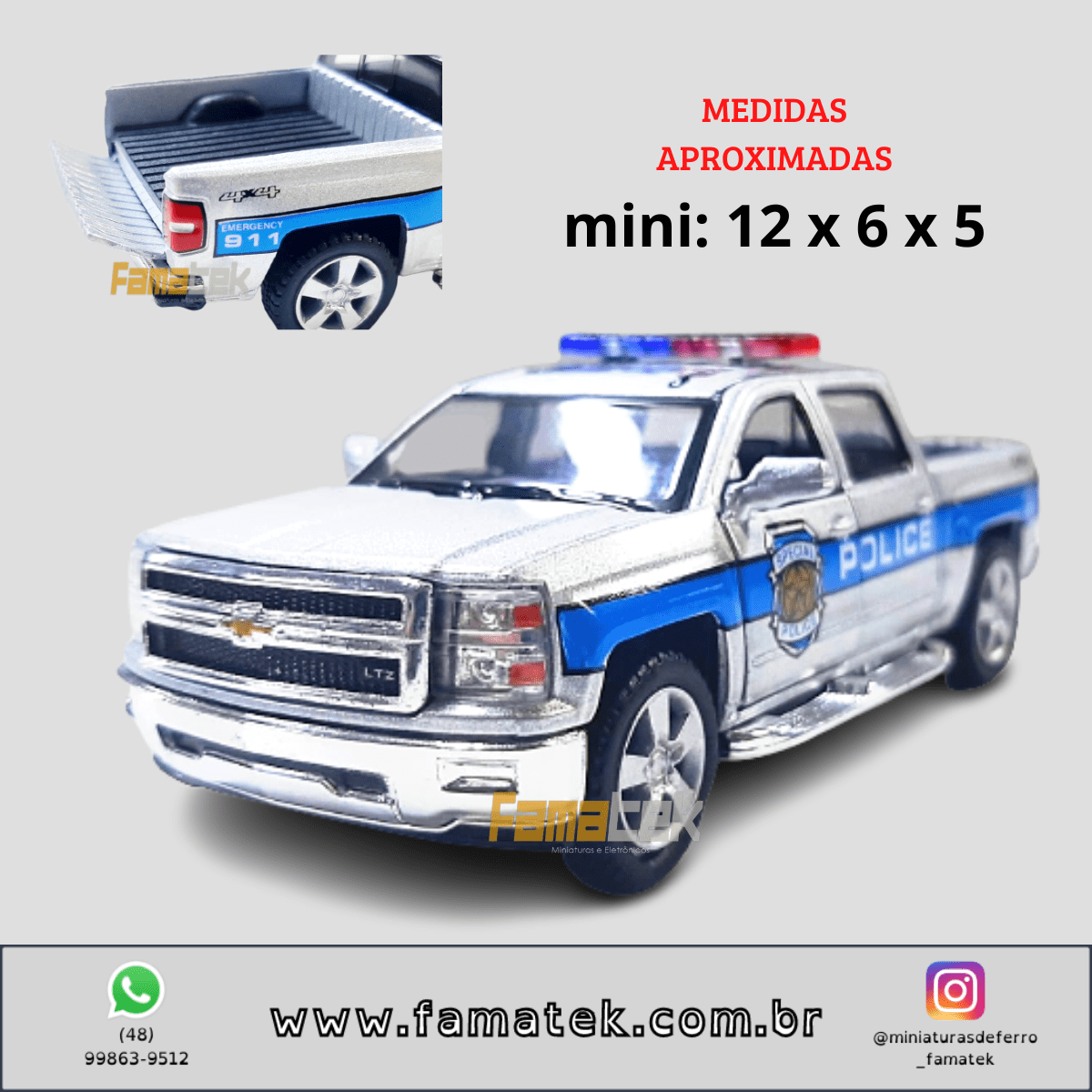 Mini 1/46 2014 Chevrolet Silverado Camionete Prata Policial - Miniatura Escala 1/46