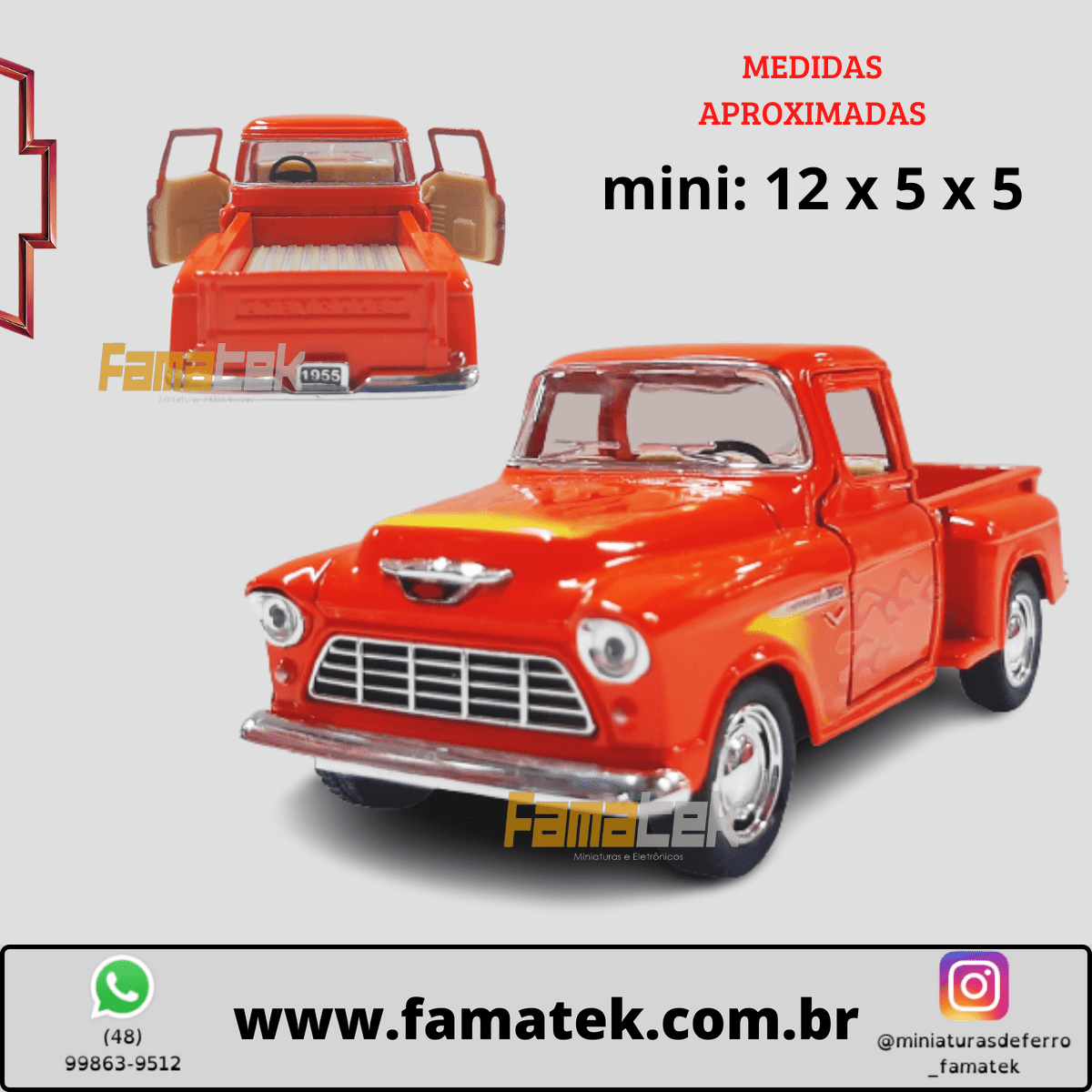 Miniatura 1/32 1955 Picape Chevy Laranja Chamas - Camionete Pickup