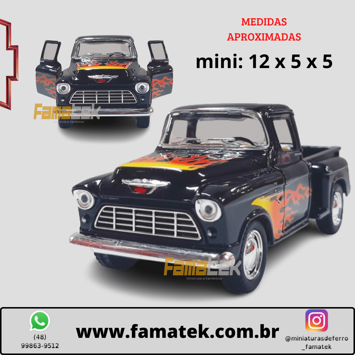 Miniatura 1/32 1955 Picape Chevy Preto Chamas - Camionete Pickup