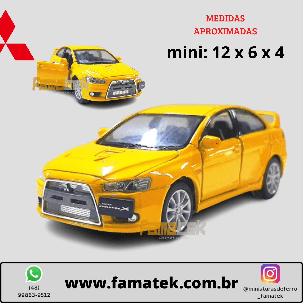 Miniatura de Ferro 2008 Mitsubishi Lancer Evo X Amarelo Escala 1/36