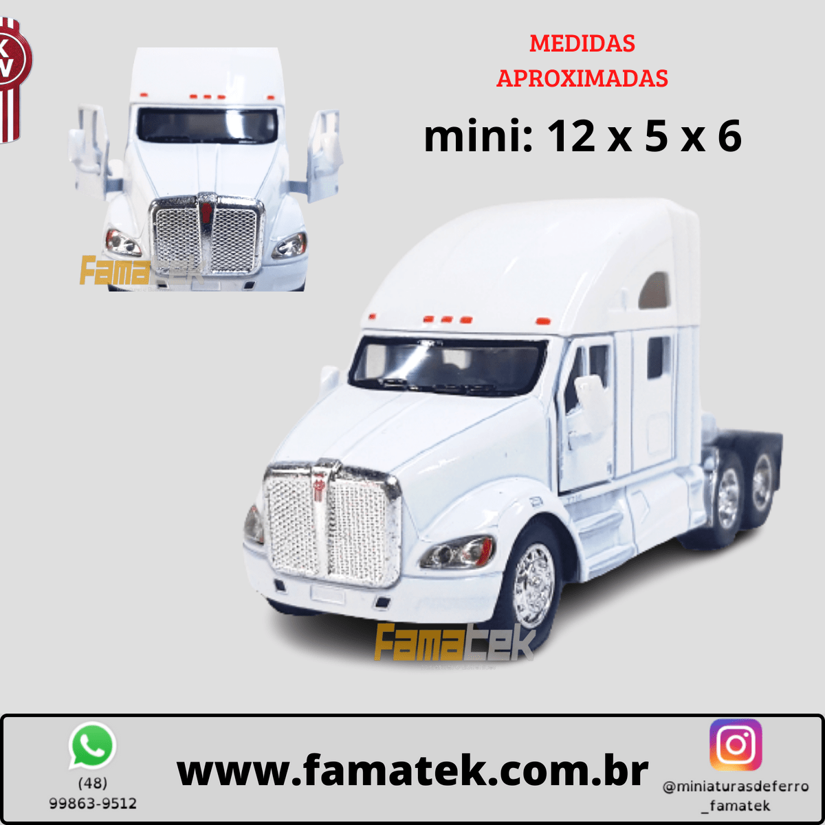 Miniatura de Ferro Cavalo Kensworth T700 Branco Escala 1/68