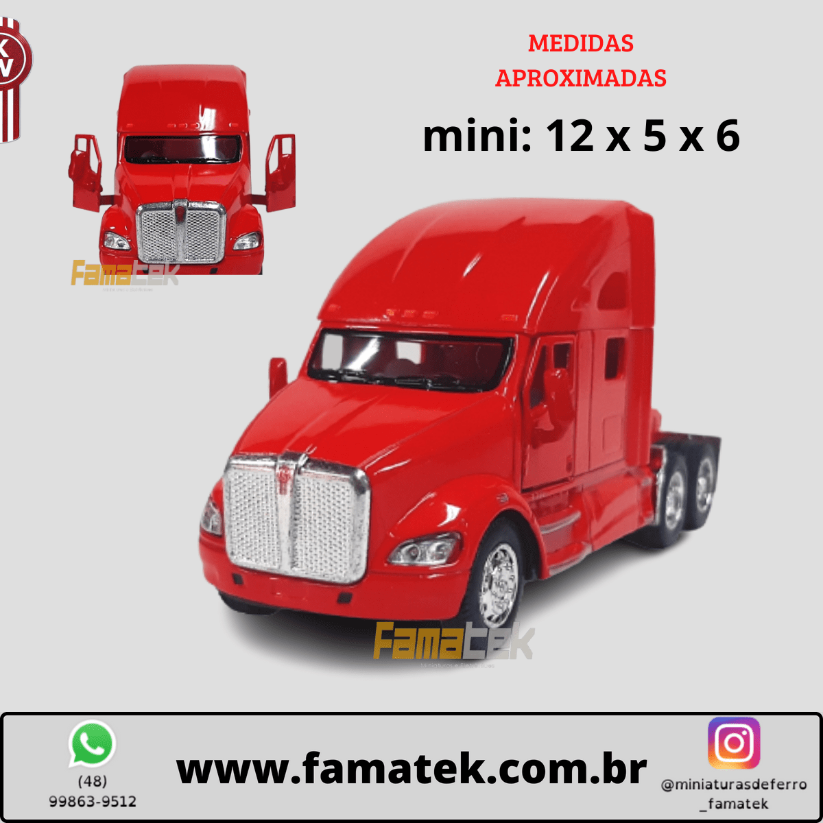 Miniatura de Ferro Cavalo Kensworth T700 Vermelho Escala 1/68