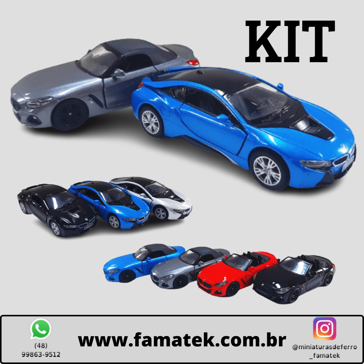 Kit 4 Carros BMW - 2(duas) I8 e 2(duas) Z4 em cores de sua preferência - Escalas 1/34 e 1/36