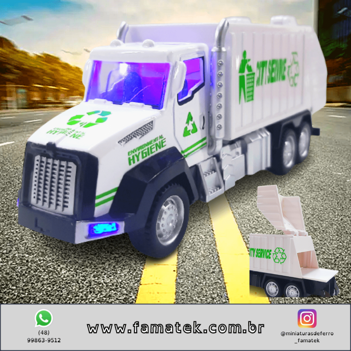 Miniatura Brinquedo Som e Luzes Caminhão de de lixo branco 17cm