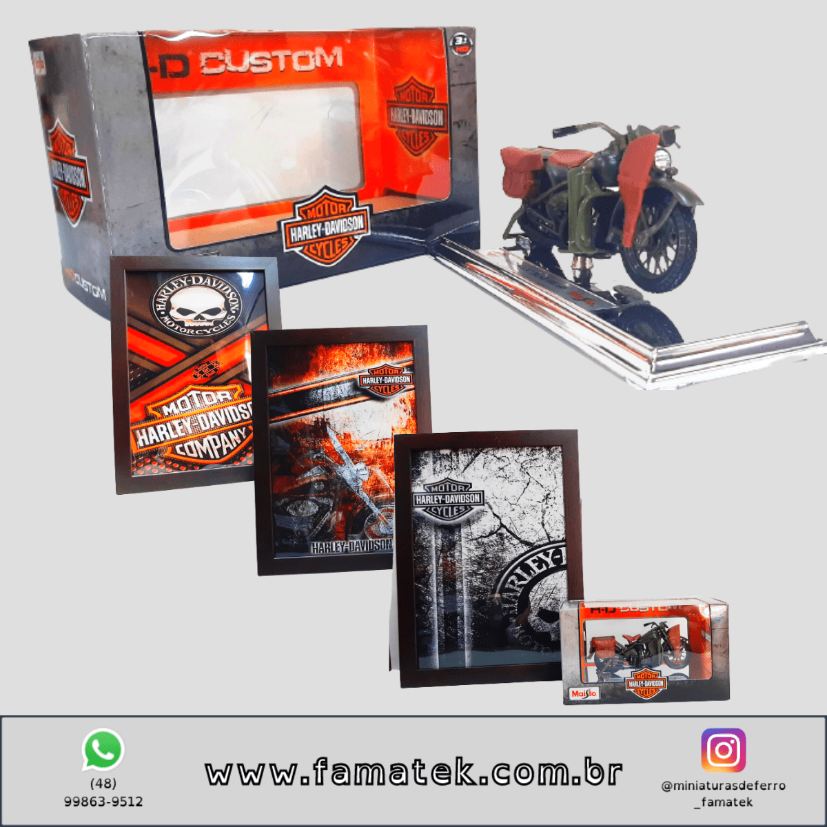 Kit 1 Quadro decorativo + 1 Miniatura 1/18 H-D 1942 WLA Flat Head Verde com caixa Harley-Davidson