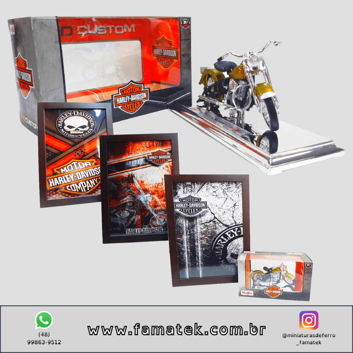 Kit 1 Quadro decorativo + 1 Miniatura 1/18 H-D 1953 74FL Hydra Glide Dourado com caixa Harley-Davidson