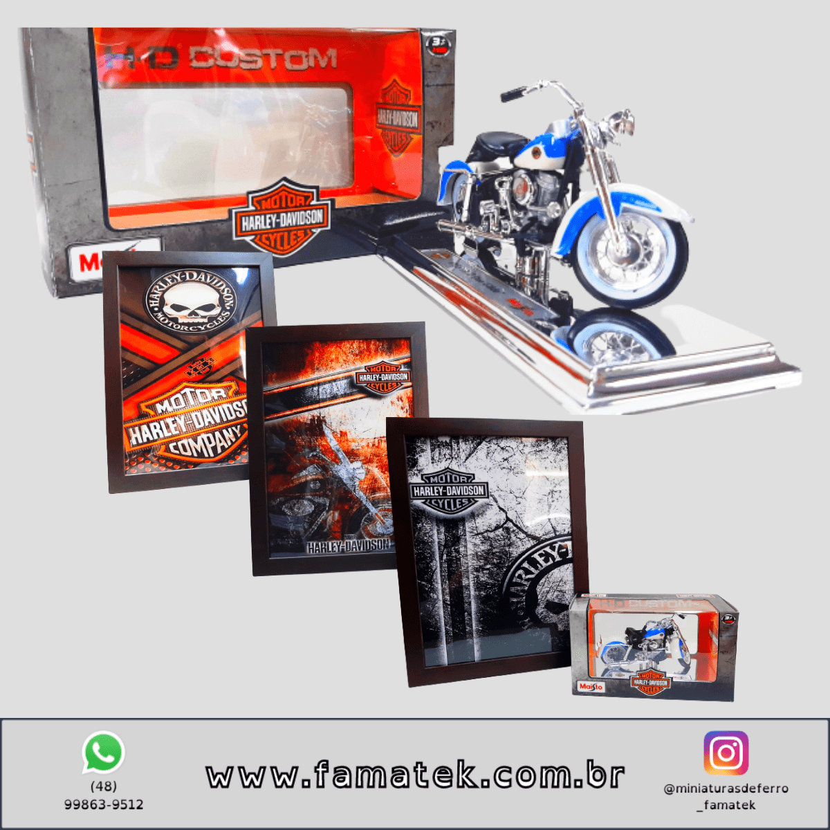 Kit 1 Quadro decorativo + 1 Miniatura 1/18 H-D 1958 FLH DUO Glide Azul com caixa Harley-Davidson