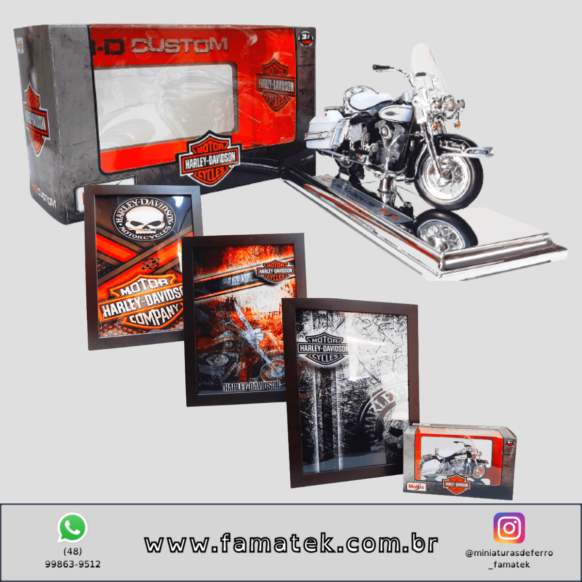 Kit 1 Quadro decorativo + 1 Miniatura 1/18 H-D 1966 FLH Electra Glide 66 Branco com caixa Harley-Davidson