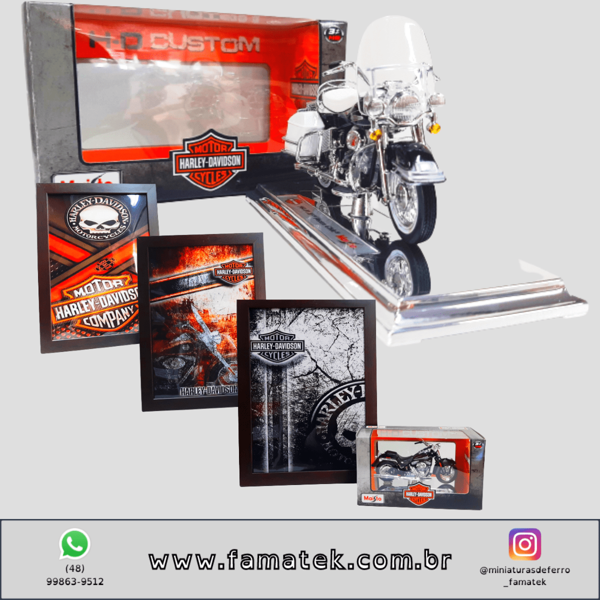 Kit 1 Quadro decorativo + 1 Miniatura 1/18 H-D 1968 FLH Electra Glide 68 Branco com caixa Harley-Davidson