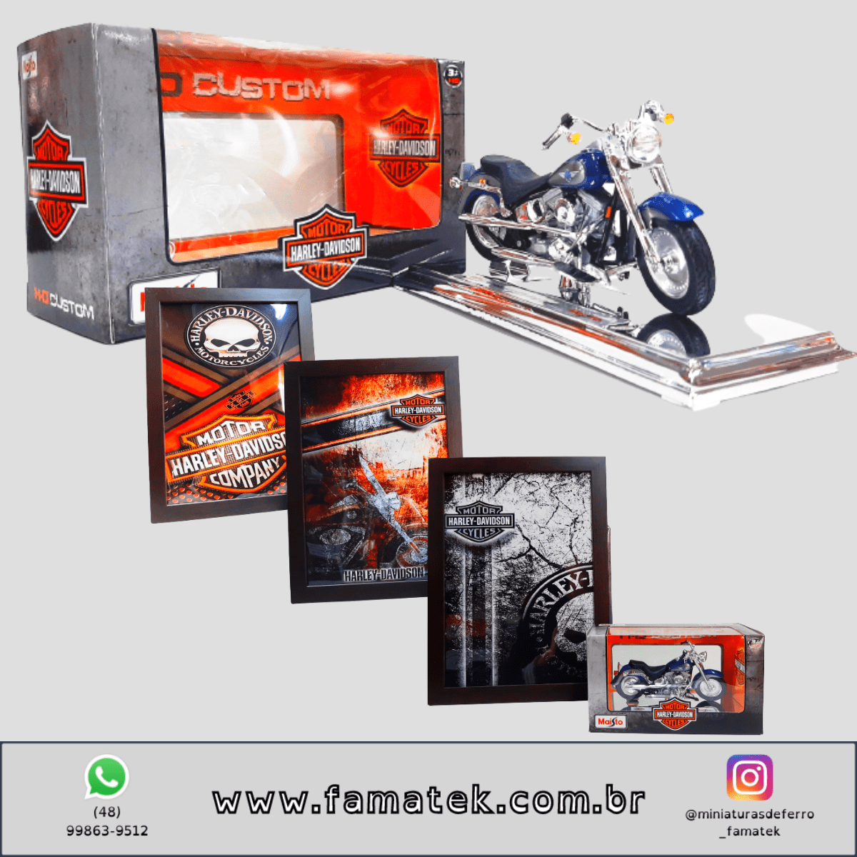 Kit 1 Quadro decorativo + 1 Miniatura 1/18 H-D 1998 FLSTF Fat Boy Azul com caixa Harley-Davidson