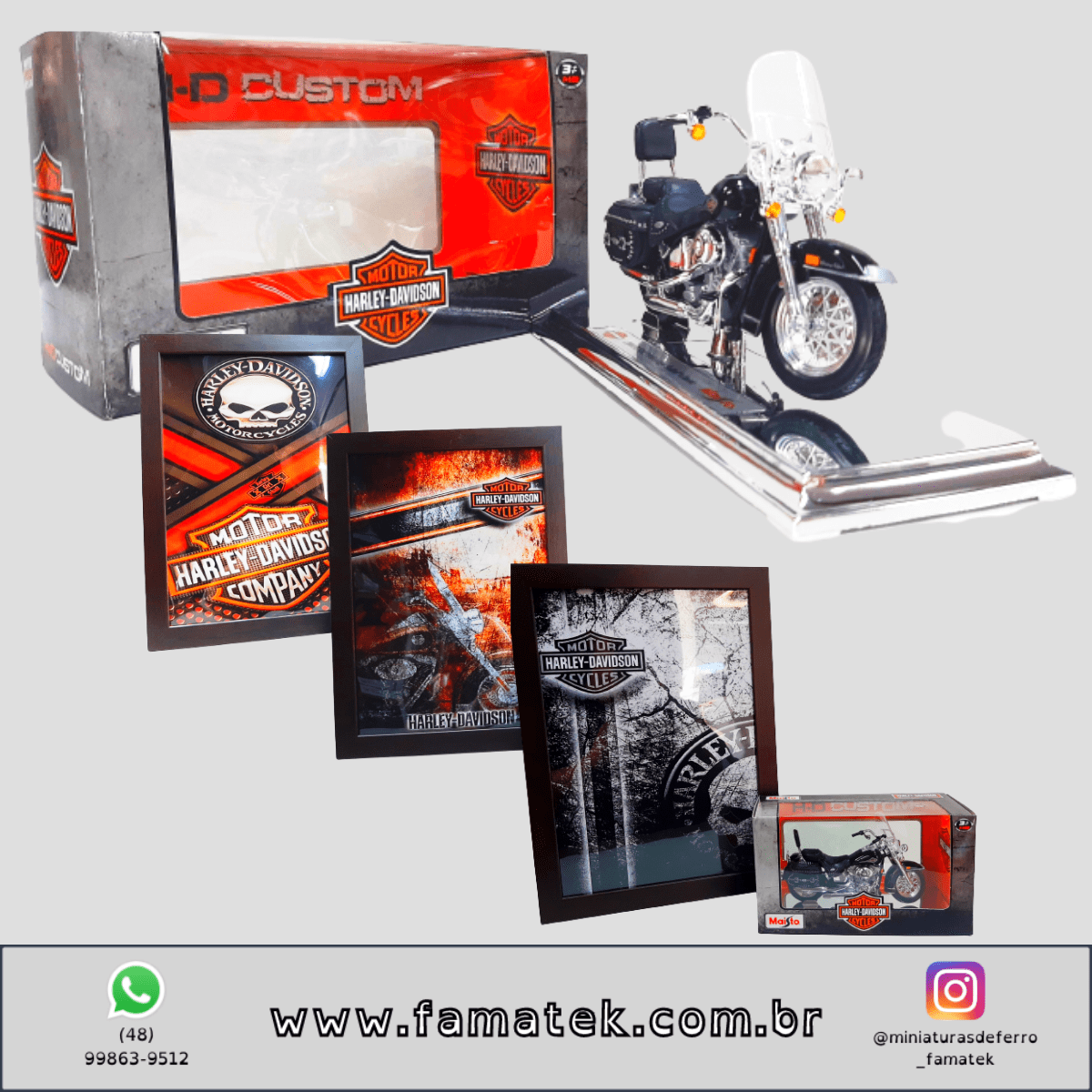 Kit 1 Quadro decorativo + 1 Miniatura 1/18 H-D 2000 FLSTC Heritage Softail Classic Preto com caixa Harley-Davidson