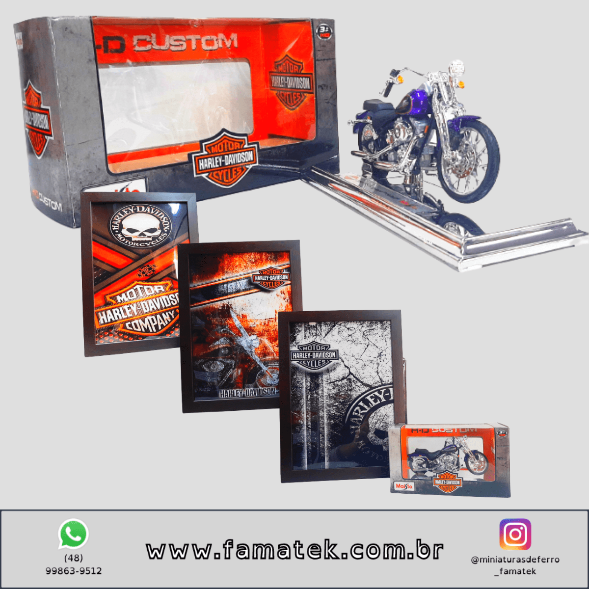 Kit 1 Quadro decorativo + 1 Miniatura 1/18 H-D 2001 FXSTS Springer Softail Roxo com caixa Harley-Davidson