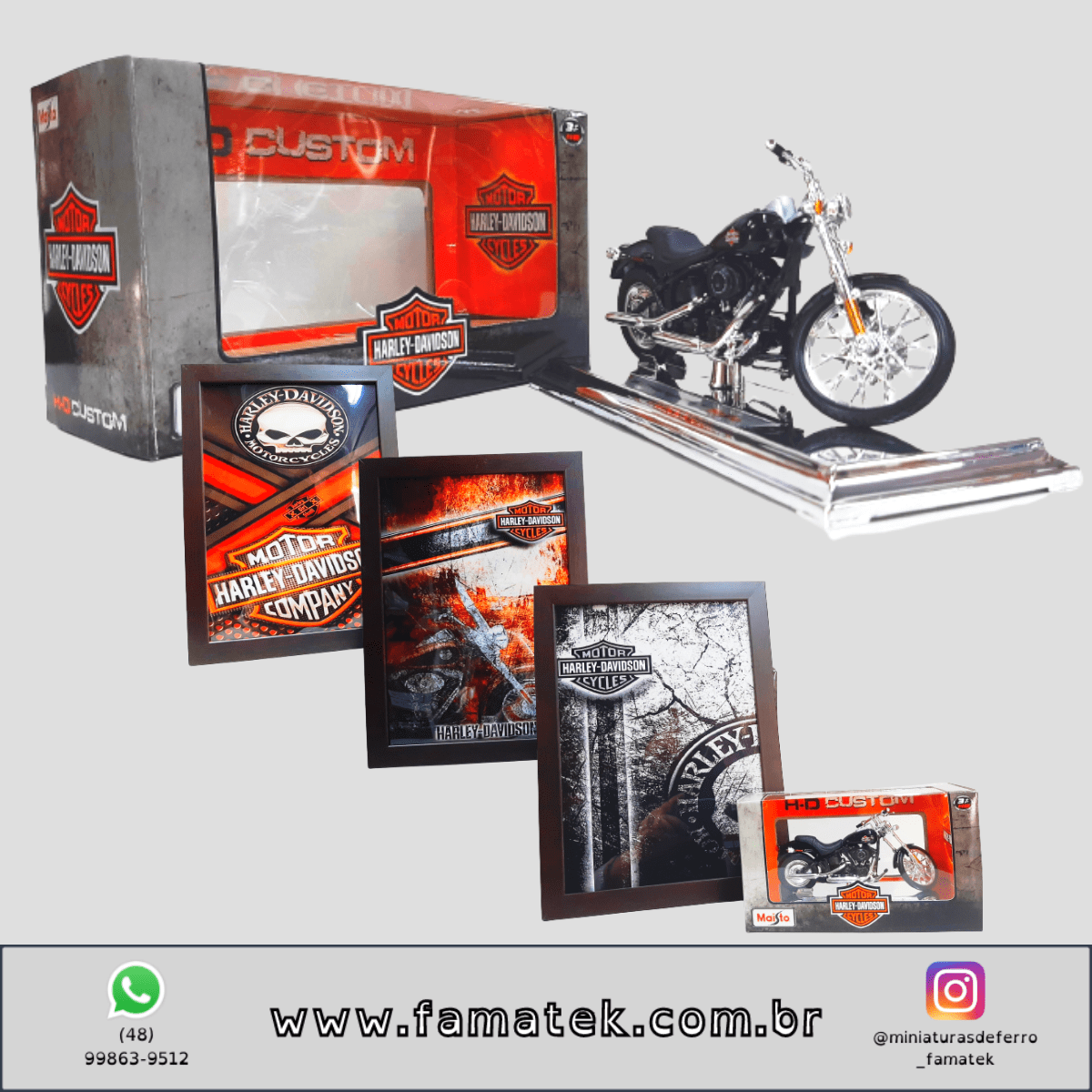 Kit 1 Quadro decorativo + 1 Miniatura 1/18 H-D 2002 FXSTB Night Train 02 Preto com caixa Harley-Davidson