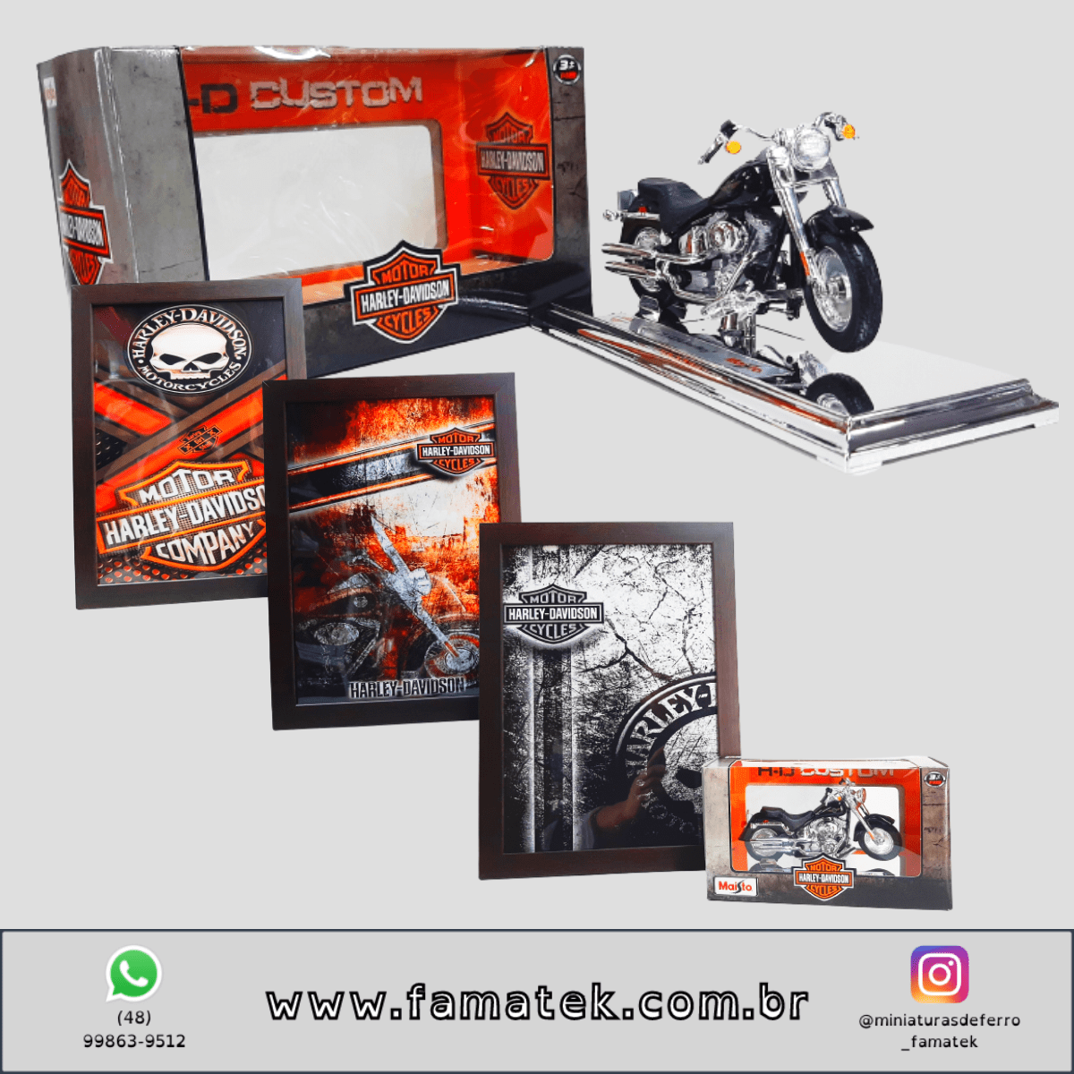 Kit 1 Quadro decorativo + 1 Miniatura 1/18 H-D 2004 FLSTFI Fat Boy Preto com caixa Harley-Davidson