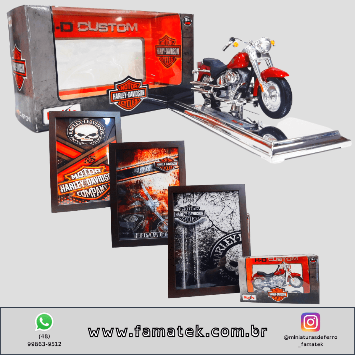 Kit 1 Quadro decorativo + 1 Miniatura 1/18 H-D 2004 FLSTFI Fat Boy Vermelho com caixa Harley-Davidson