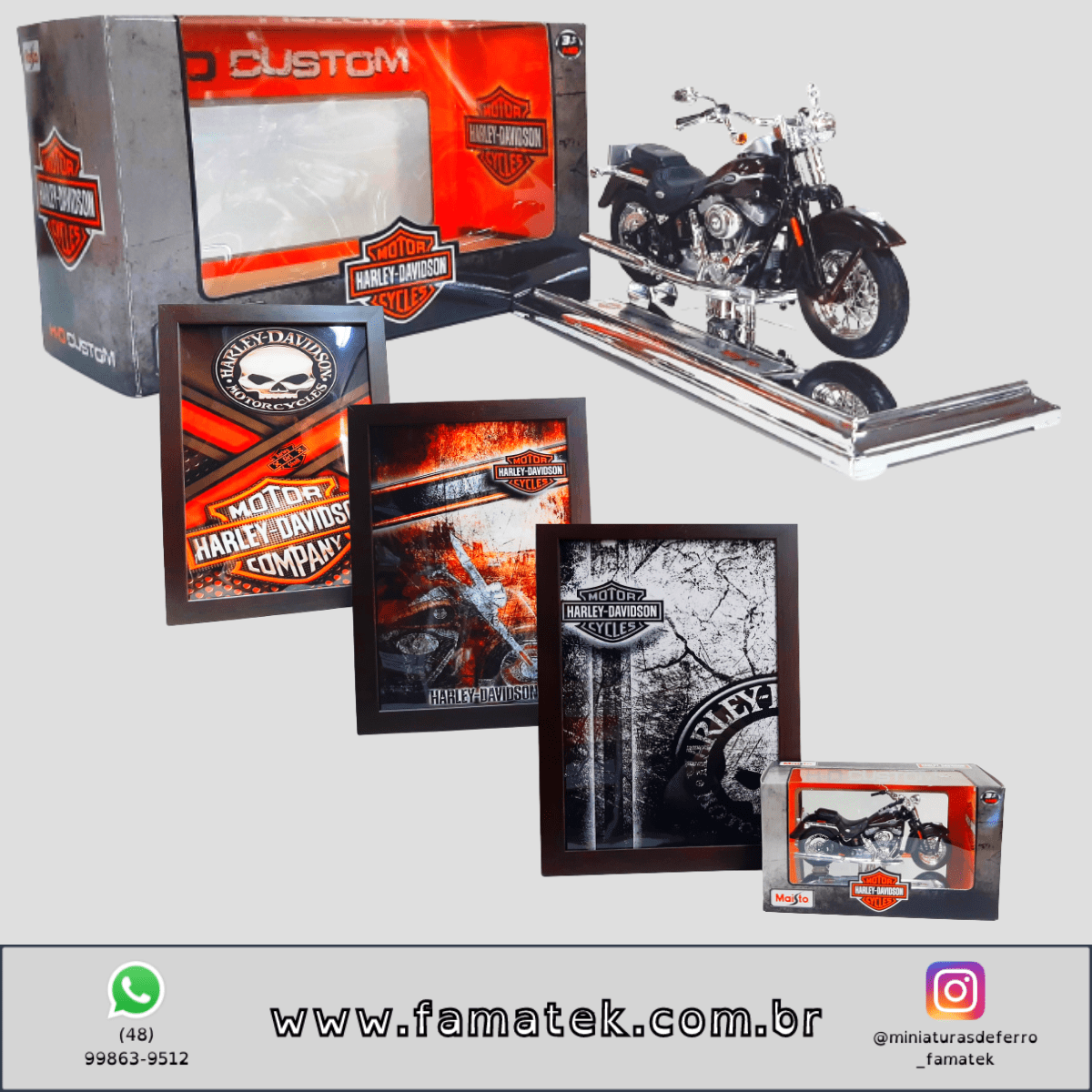 Kit 1 Quadro decorativo + 1 Miniatura 1/18 H-D 2005 FLSTCI Softail Springer Classic Marrom com caixa Harley-Davidson