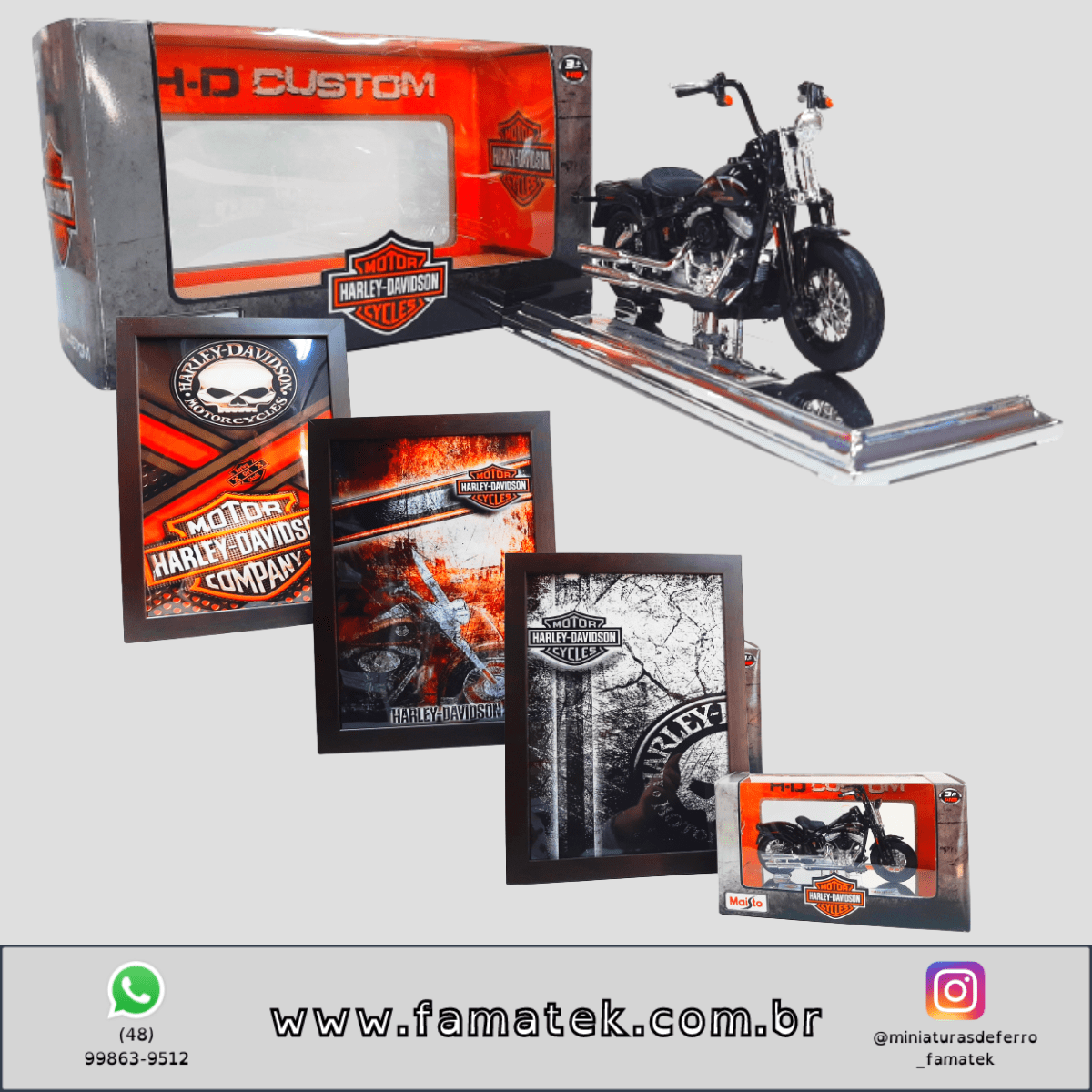 Kit 1 Quadro decorativo + 1 Miniatura 1/18 H-D 2008 FLSTSB Cross Bones Preto com caixa Harley-Davidson