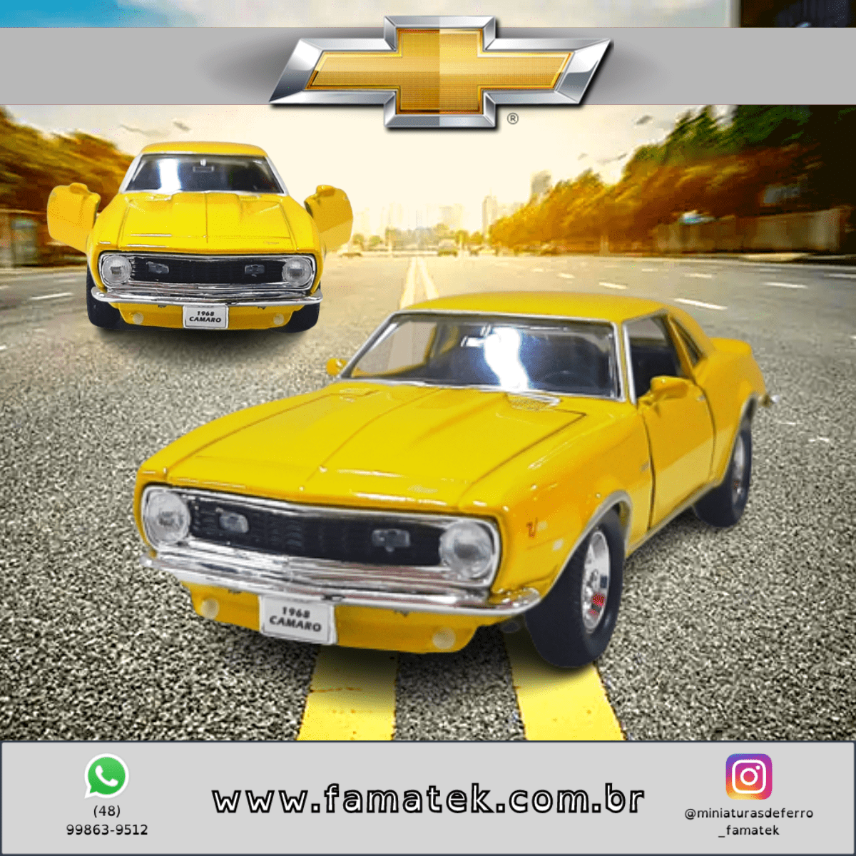  Miniatura de Ferro 1968 Chevrolet Camaro Z28 Amarelo Escala Modelo Welly