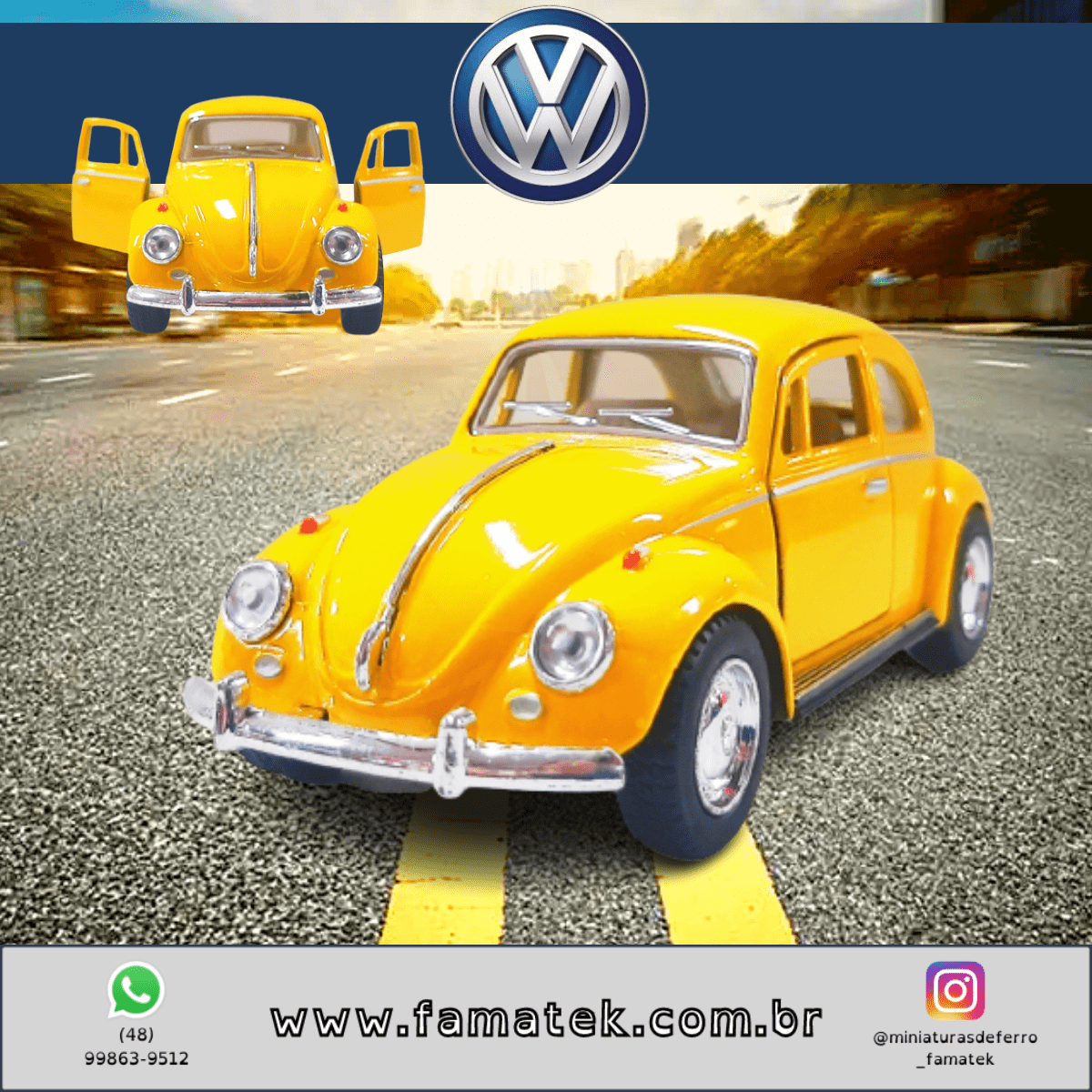  Miniatura de Ferro 1967 Volkswagen Fusca Beetle Clássico Brilho Amarelo Escala 1/32