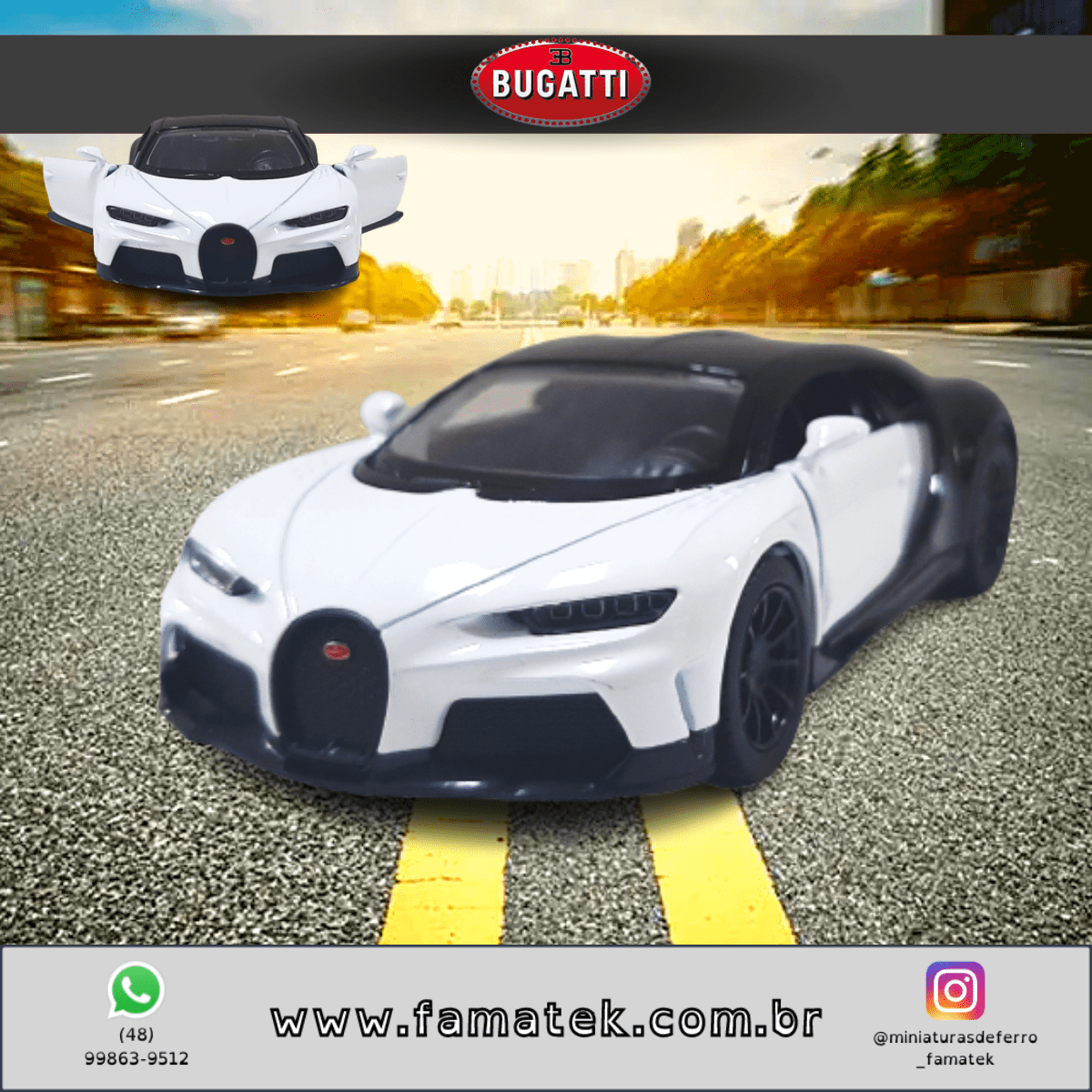  Miniatura de Ferro Bugatti Chiron Sportster Branco Escala 1/38