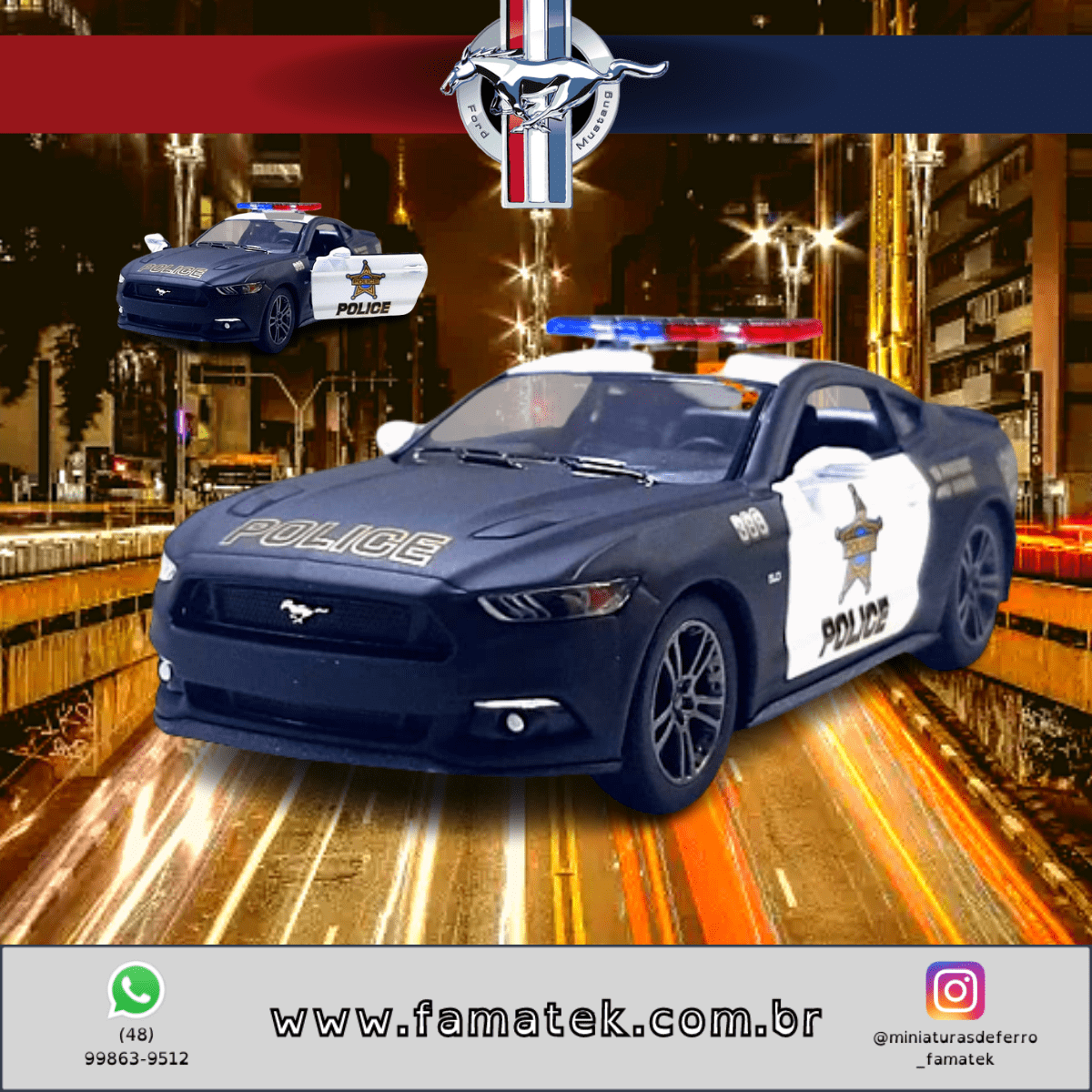 Miniatura Carrinho de Ferro 2015 Ford Mustang GT Policial Escala 1/36