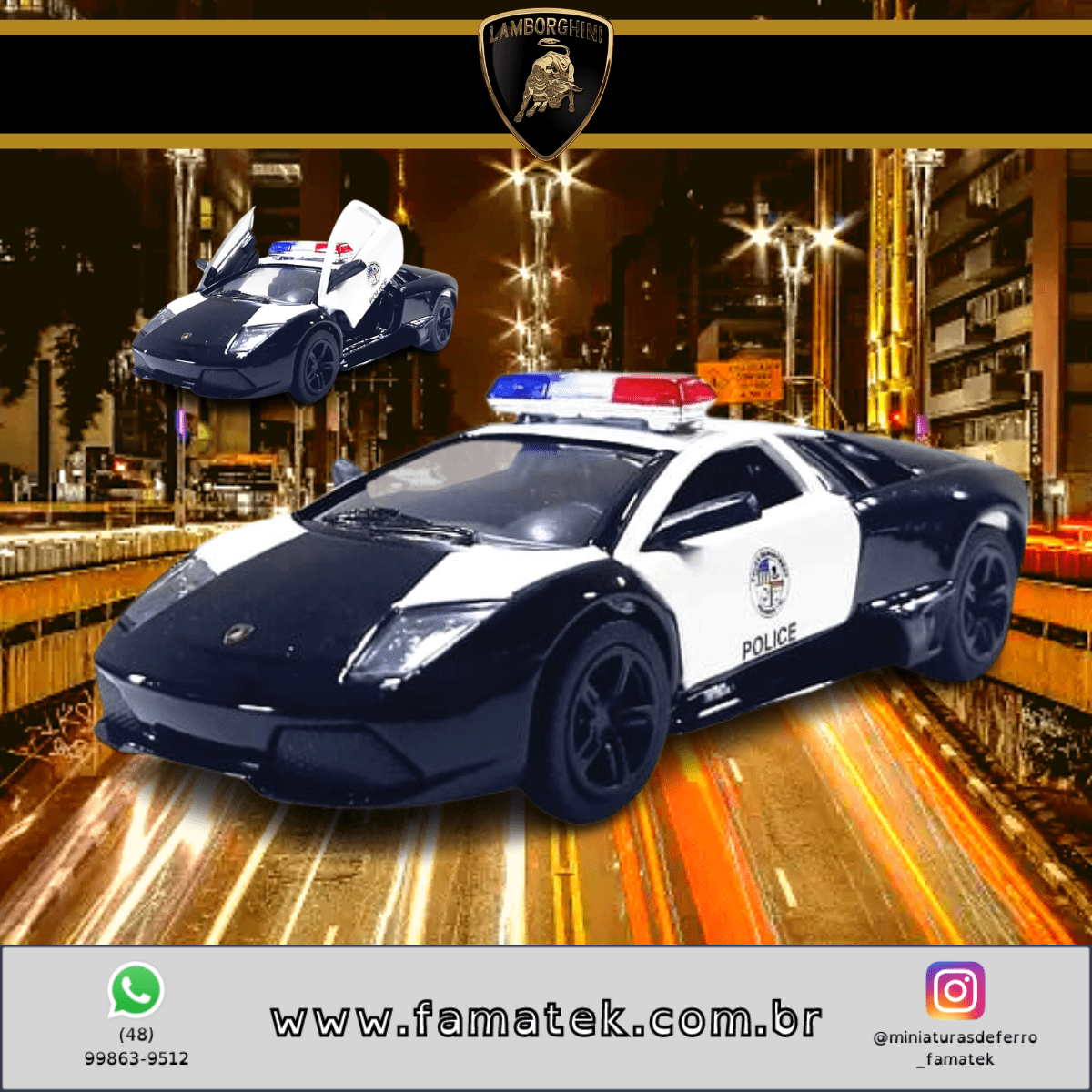 Miniatura Carrinho de Ferro Lamborghini Murciélago Policial LP640 Policial  Escala 1/36