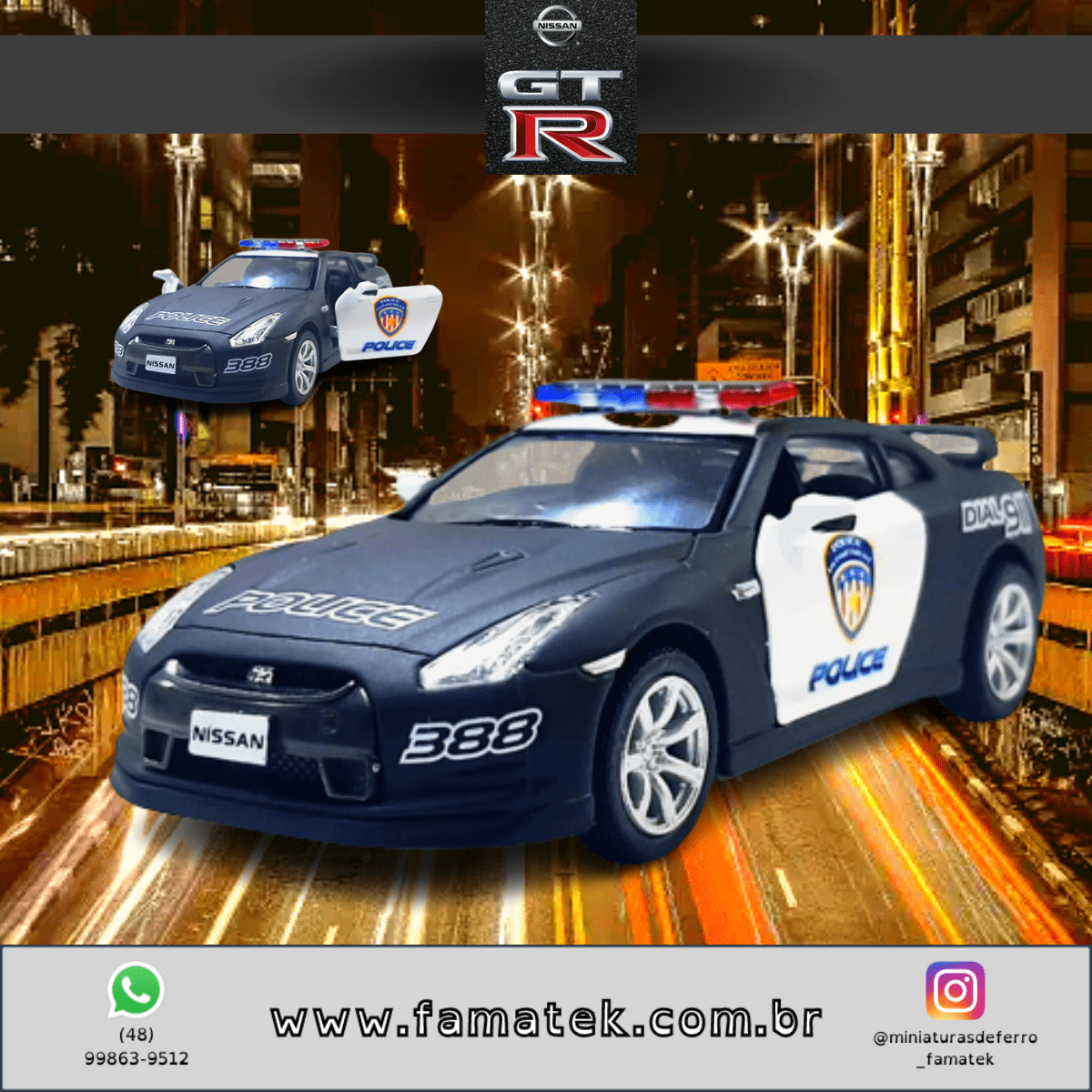 Miniatura Carrinho de Ferro Nissan 2009 GT-R R35 Policial Escala 1/36