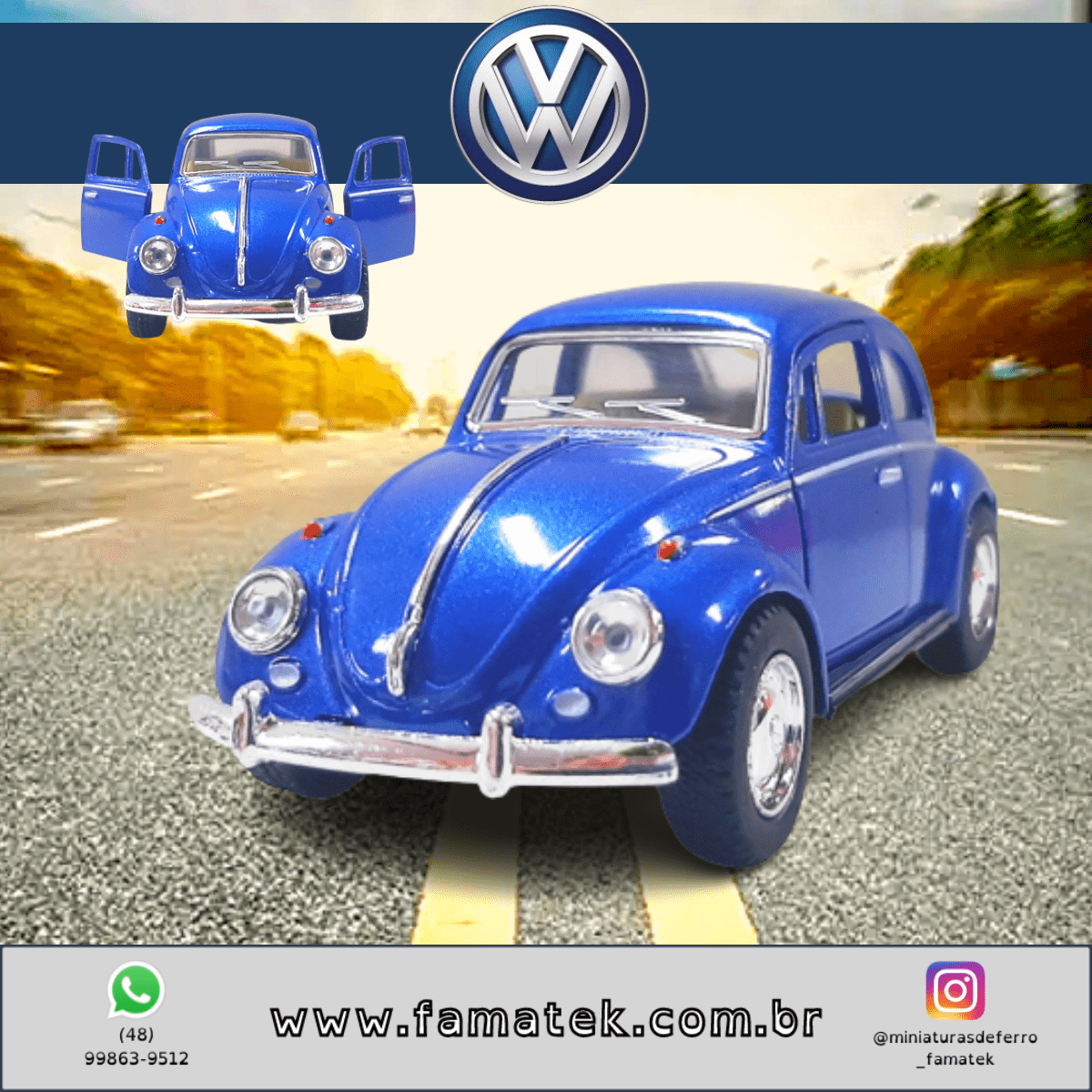  Miniatura de Ferro 1967 Volkswagen Fusca Beetle Clássico Brilho Azul Escala 1/32