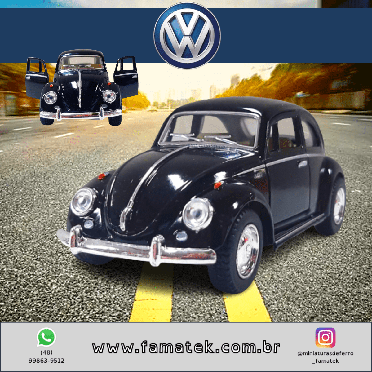  Miniatura de Ferro 1967 Volkswagen Fusca Beetle Clássico Brilho Preto Escala 1/32