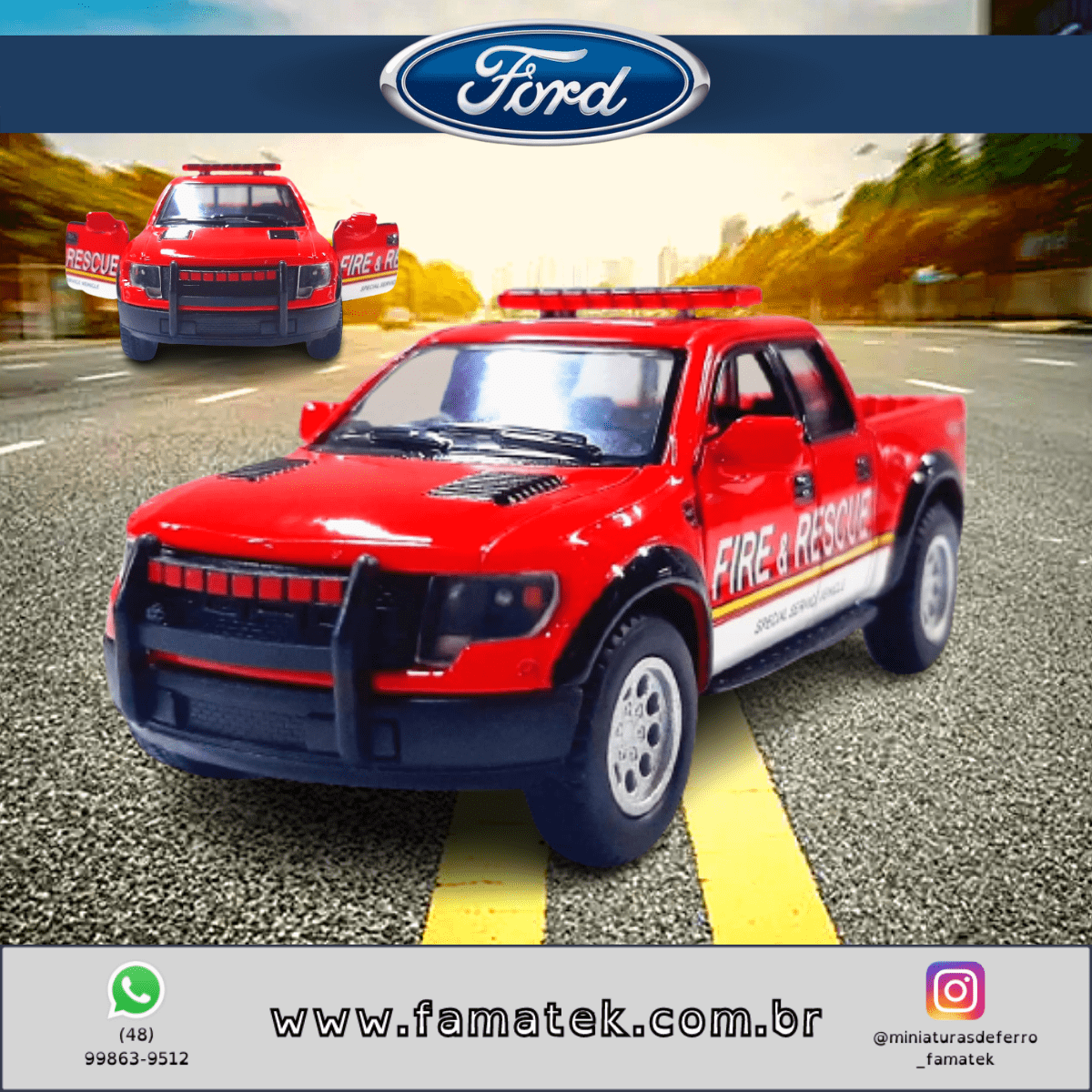 Miniatura de Ferro 2013 Ford F-150 Raptor Supercrew Bombeiros Escala 1/46