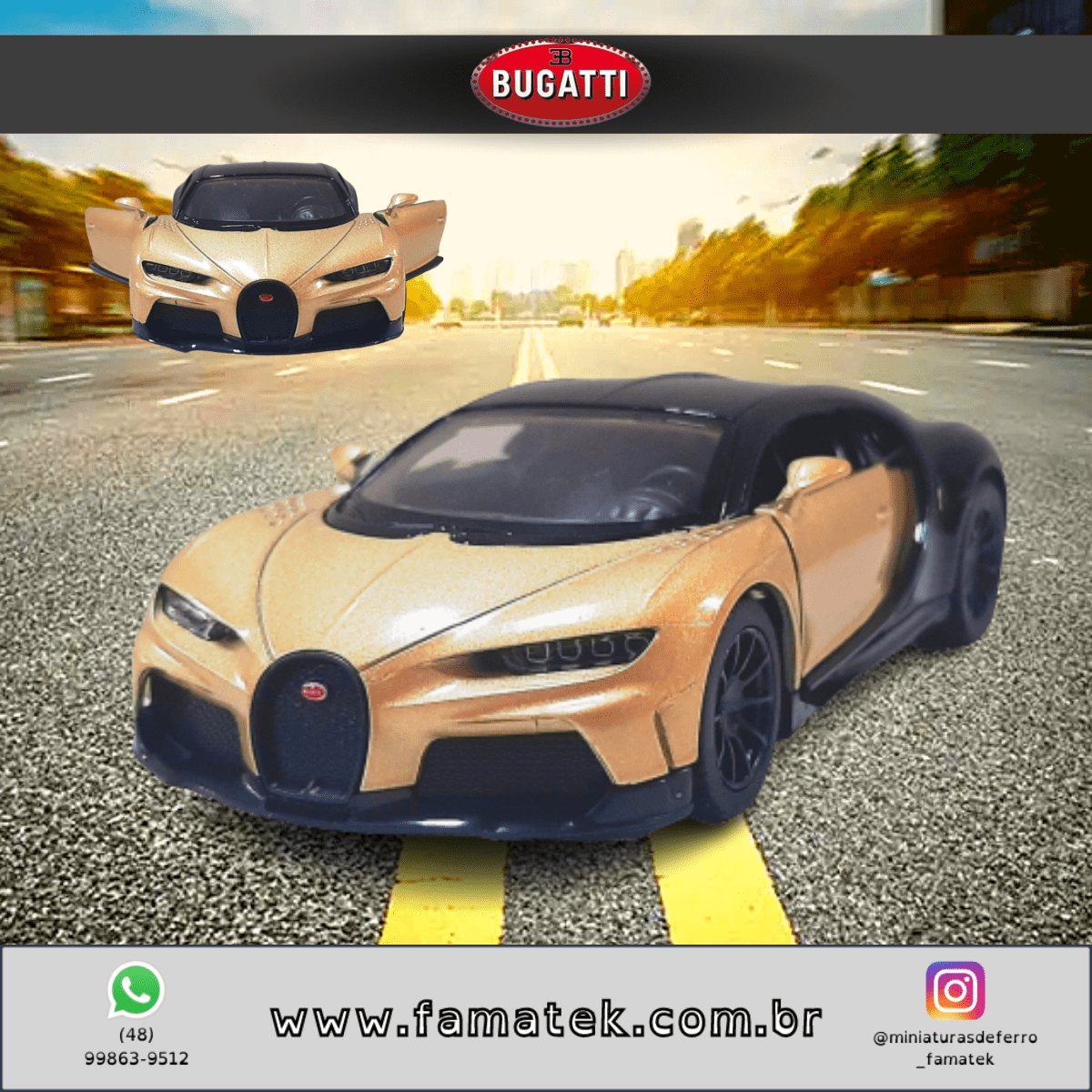  Miniatura de Ferro Bugatti Chiron Sportster Dourado Escala 1/38