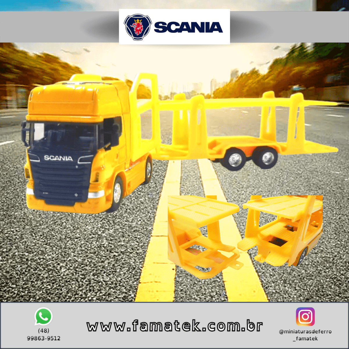 Miniatura de Ferro Cegonha Scannia Toco V8 R730 Amarelo Escala 1/64