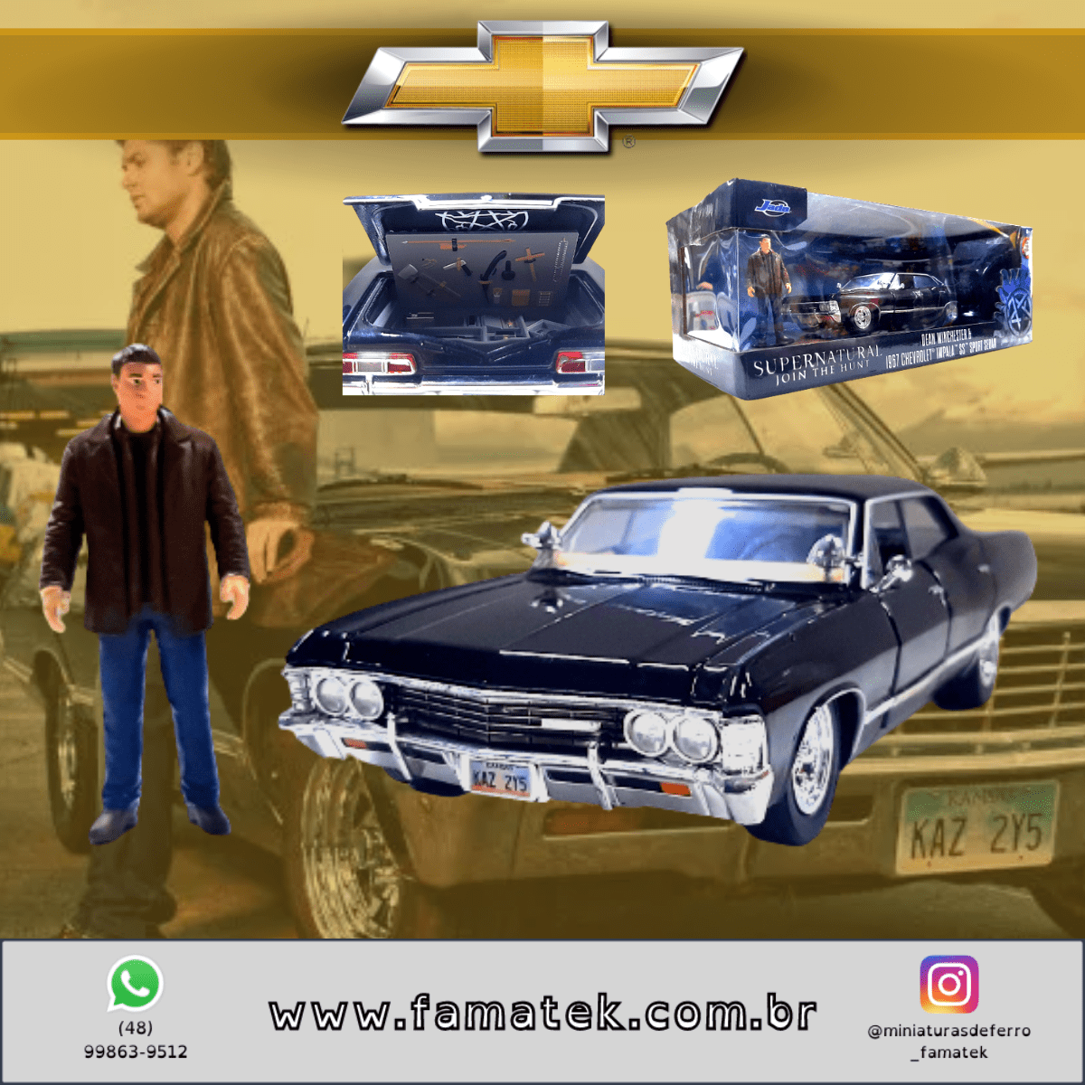 Miniatura de Ferro Chevrolet 1967 Impala SS Sport Sedan do Dean Supernatural Escala 1/24