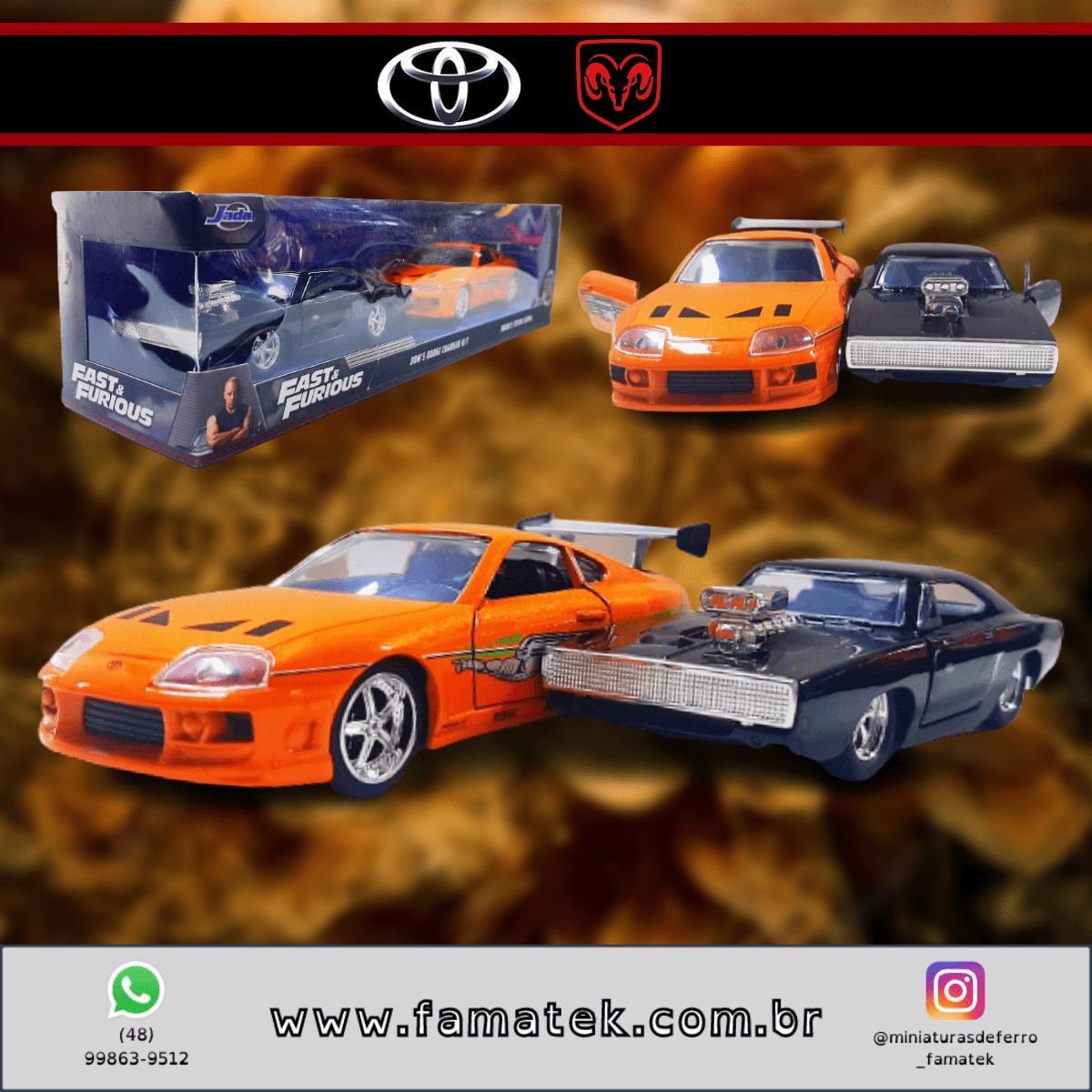 Miniaturas de Ferro Dodge Charger R/T Preto do Toretto e Toyota Supra do Brian Escala  1/32 Velozes e Furiosos