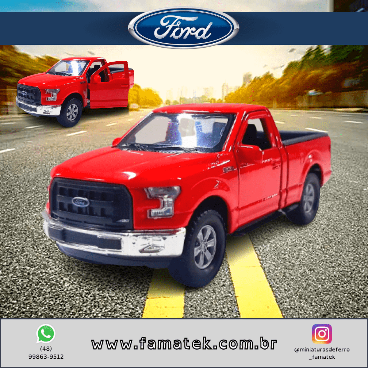 Miniatura de Ferro Ford F-150 Picape Vermelha Comum Regular Cab Escala 1/46