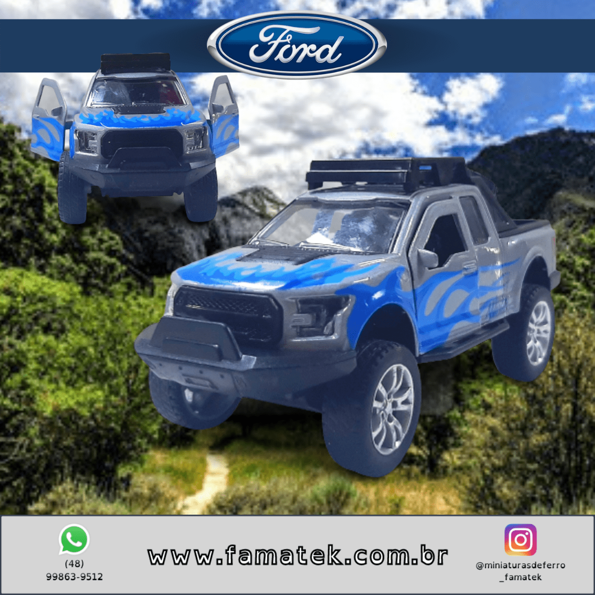  Miniatura de Ferro Ford Raptor 4x4 chamas Azul Escala 1/46