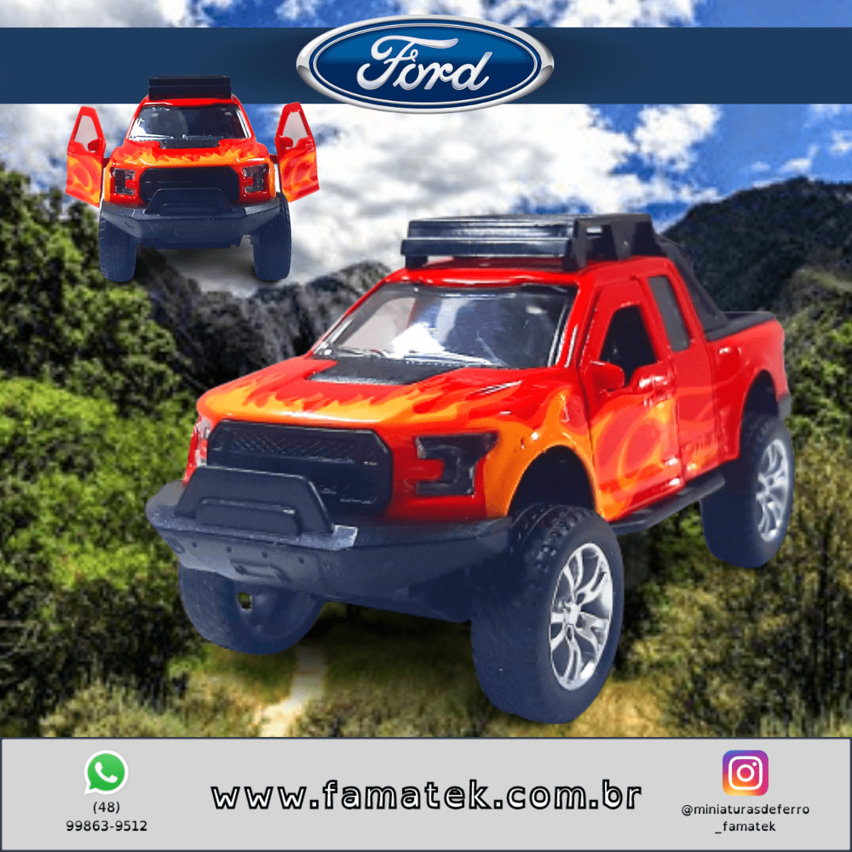  Miniatura de Ferro Ford Raptor 4x4 chamas Vermelho Escala 1/46