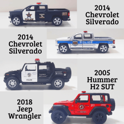 1/40, 1/46, 1/34 - Kit 4 Viaturas (2 Silverado policiais 1/46, 1 Wrangler bombeiros 1/34 e 1 Hummer policial 1/40) Viaturas de Emergência Estrangeiras