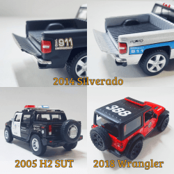 1/40, 1/46, 1/34 - Kit 4 Viaturas (2 Silverado policiais 1/46, 1 Wrangler bombeiros 1/34 e 1 Hummer policial 1/40) Viaturas de Emergência Estrangeiras