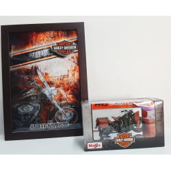 Kit 1 Quadro decorativo + 1 Miniatura 1/18 H-D 1942 WLA Flat Head Verde com caixa Harley-Davidson