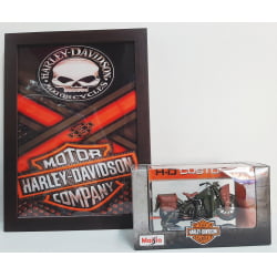 Kit 1 Quadro decorativo + 1 Miniatura 1/18 H-D 1942 WLA Flat Head Verde com caixa Harley-Davidson